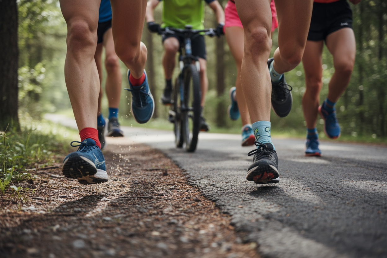 group of northern European runners, focus on shoes and ankles
