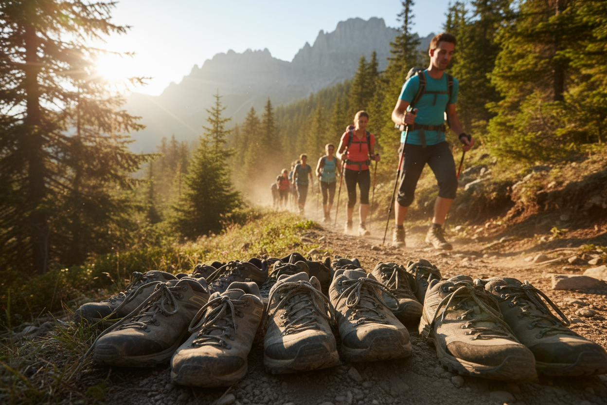 perspective focus on shoes, group of athletes in nature, hiking, trail, sunshine